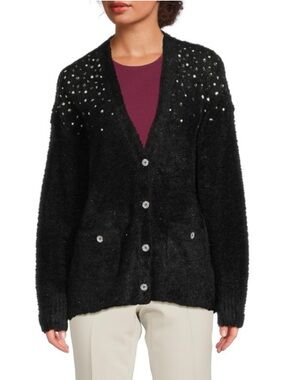 KARL LAGERFELD PARIS Fuzzy-Knit Embellished Cardigan